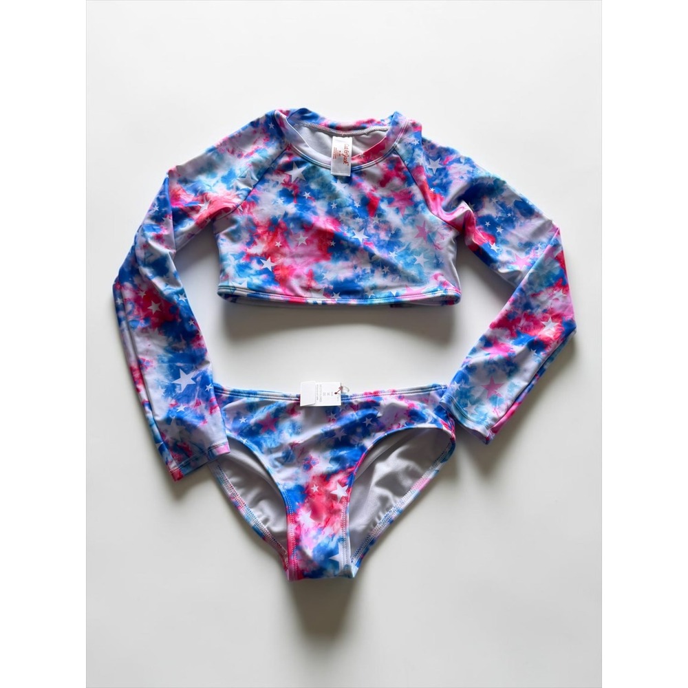 Cat & Jack Girls Tie Dye Star Rash Guard 2 Piece Swimsuit Red‎ White Blue Size 8